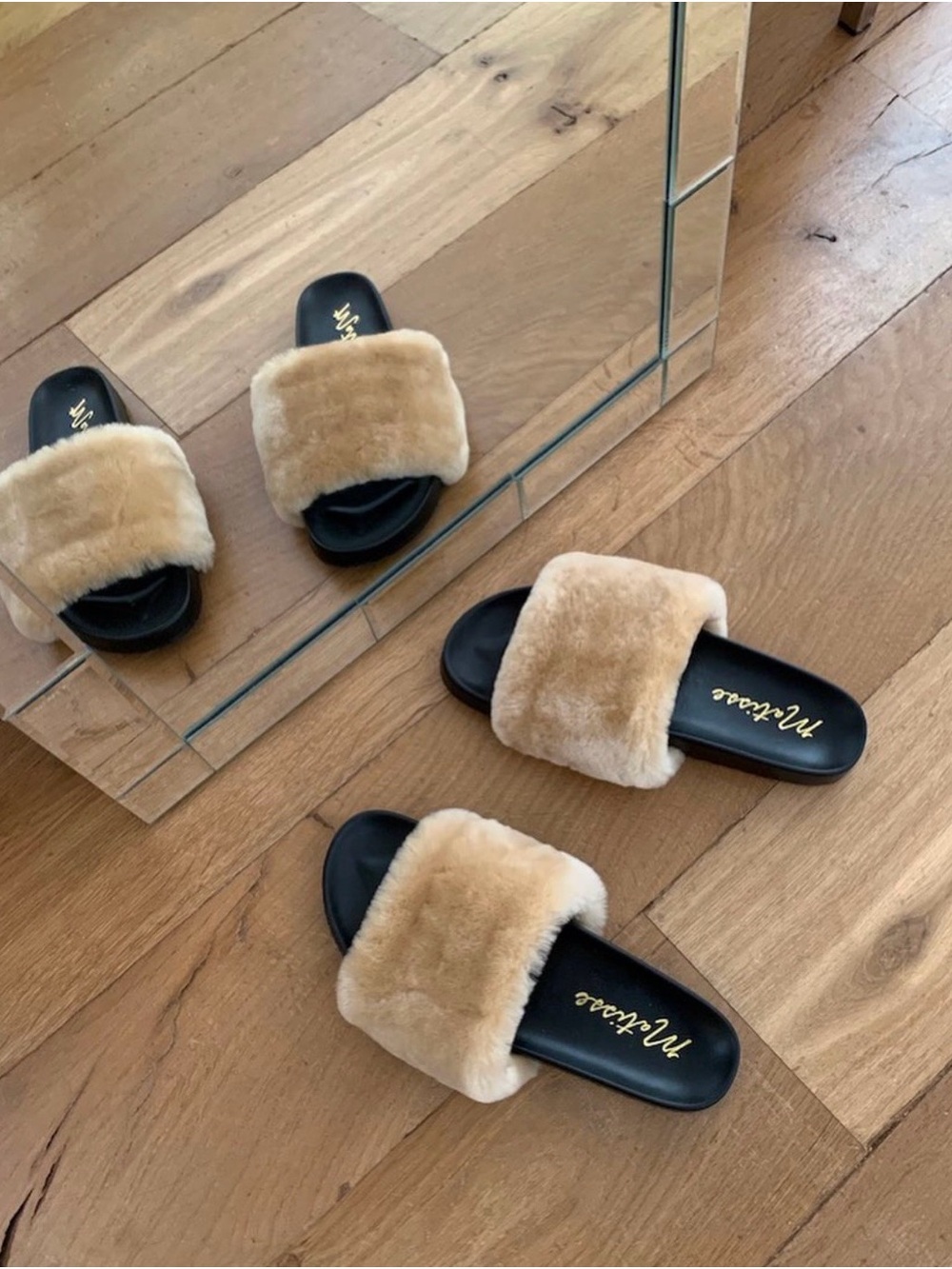 Matisse Tan Faux-Fur Slide Sandals with Black Footbed